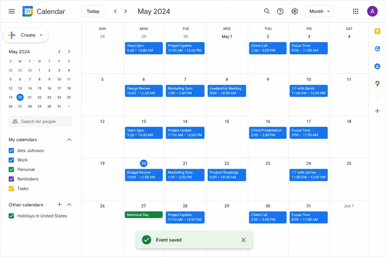 Googleカレンダーに予定が一括登録された画面