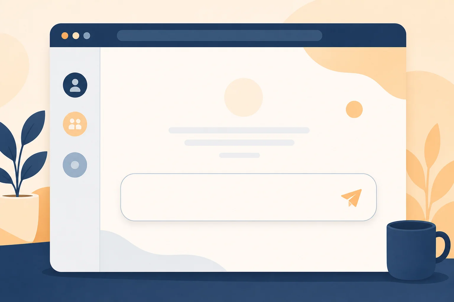 Claude.ai ホーム画面のイメージ:中央のチャット入力欄と左サイドバーが見えるトップページ UI モック